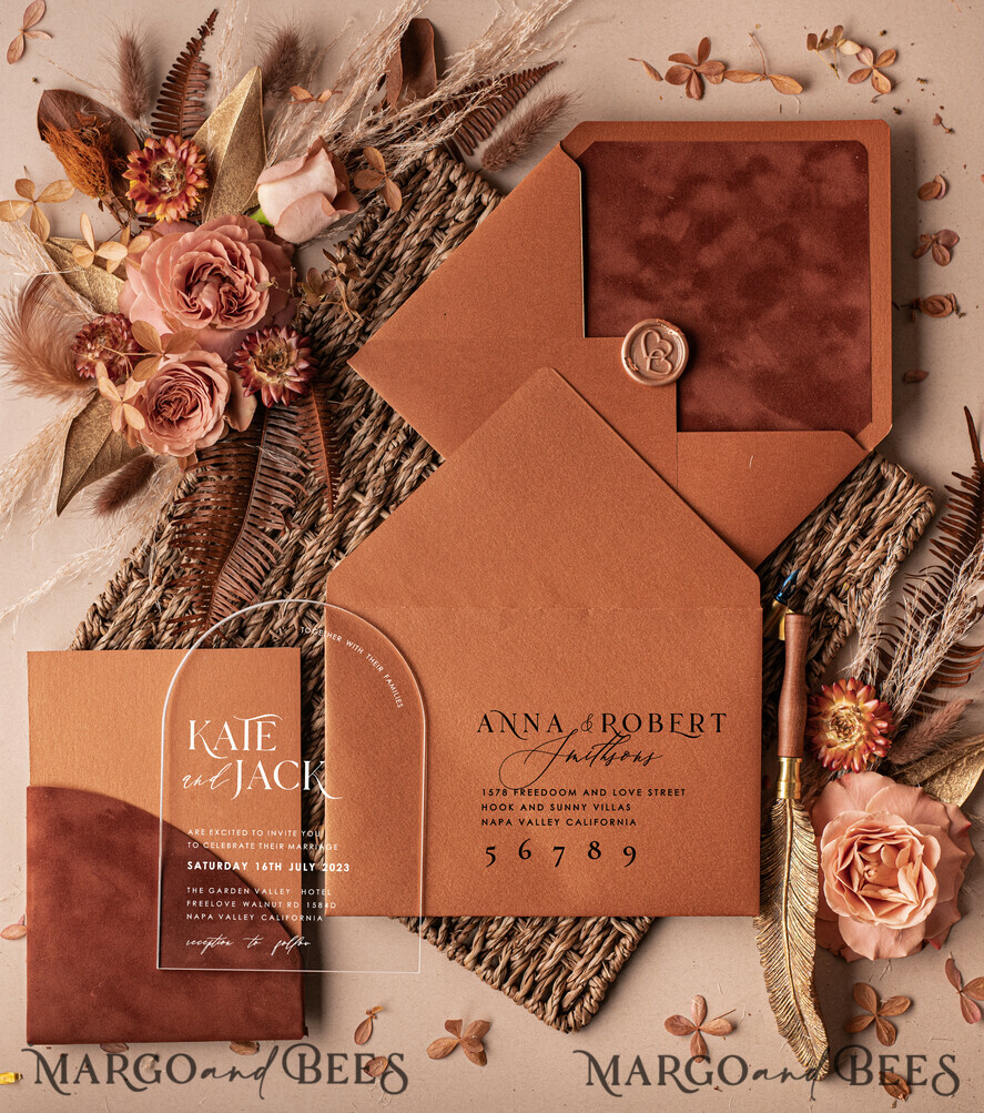 Luxury Arch Terracotta Acrylic Wedding Invitations, Velvet Pocket Modern Wedding Cards, Fall Boho Plexi Wedding Invitation Suite, Terracotta Arch Modern Wedding Invites, Elegant Velvet Wedding Stationery