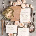 “Exquisite Fine Art Wedding Invitation Suite with Personalised Velvet Beige Envelope and Golden Deckled Edge Paper”