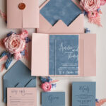 Luxury Bespoke Acrylic Blush Pink Wedding Invitation Set with Glamour Velvet Dusty Blue Accents and Wax Seal Copper Detail