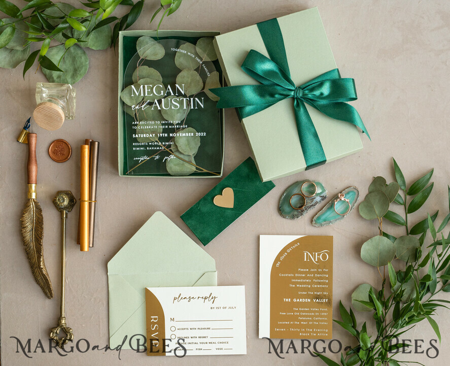 Arch Gold Acrylic wedding invitation suite, Velvet in Box Green Wedding Invites, Glamour Wedding Invitations, Greenery Wedding Set