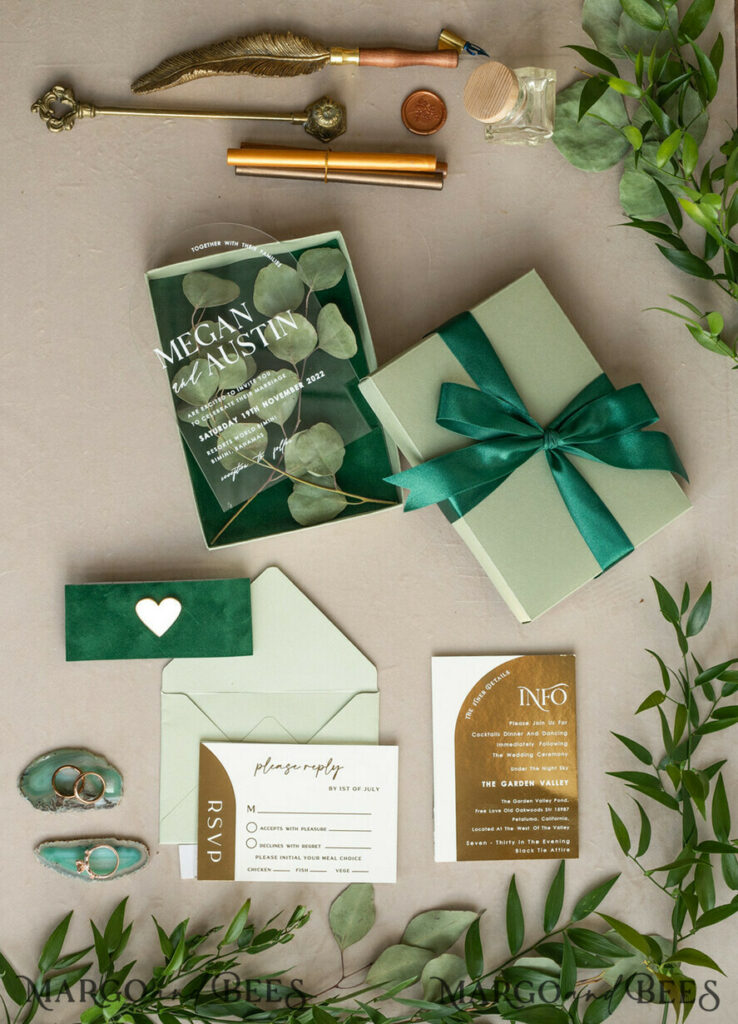 Arch Gold Acrylic wedding invitation suite, Velvet in Box Green Wedding Invites, Glamour Wedding Invitations, Greenery Wedding Set