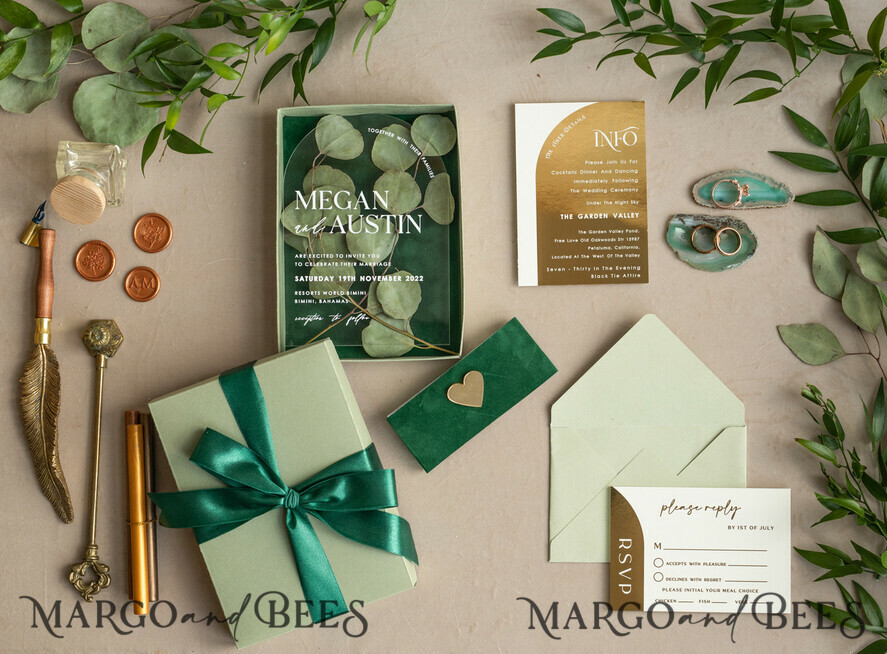 Arch Gold Acrylic wedding invitation suite, Velvet in Box Green Wedding Invites, Glamour Wedding Invitations, Greenery Wedding Set