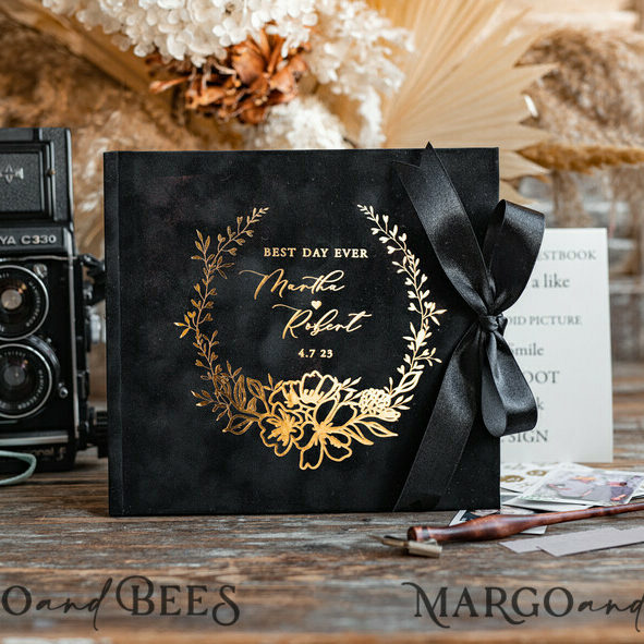 Black Boho Instax velvet Wedding GuestBook Gold, Black Instant Wedding Guest Book, Polaroid velvet Guestbook Black Golden wedding