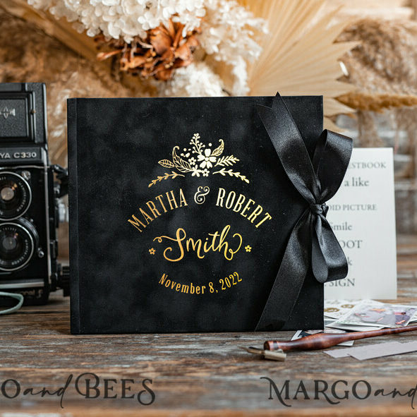 Black Boho Instax velvet Wedding GuestBook Gold, Black Instant Wedding Guest Book, Polaroid velvet Guestbook Black Golden wedding