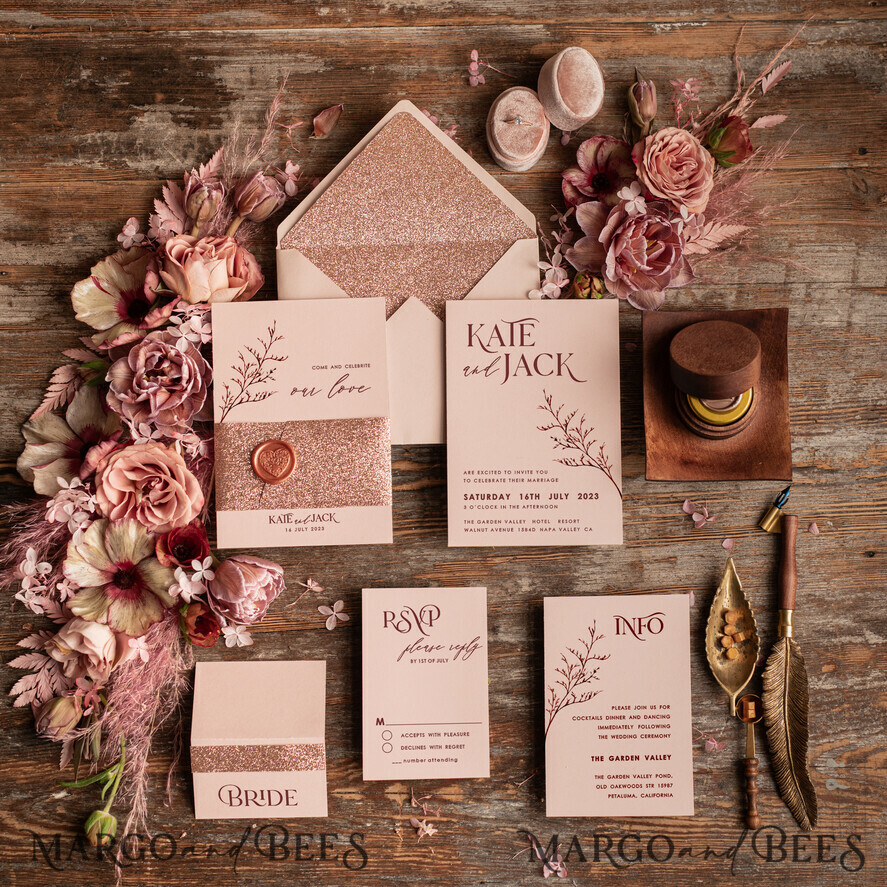 Rose Gold Glitter wedding invitations, Blush Pink wedding invitation Suite • Luxury Wedding Invitation Suite • Minimalistic wedding Stationery