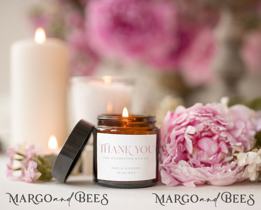 Handmade Soy Wax Candle with Pink Flowers - Wedding Favor 