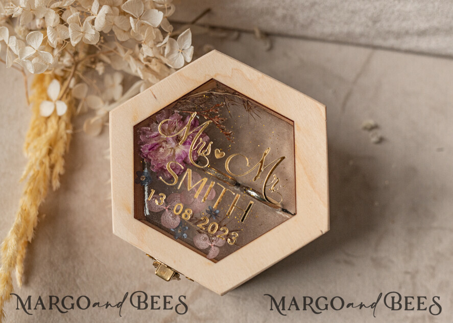 hexagon epoxy resin & wood wedding ring box for ceremony, Boho Epoxy Wedding Ring Boxes his hers, Transparent Epoxy dubble Ring Box for wedding, Wood resin flowers Marriage Proposal Ring Box