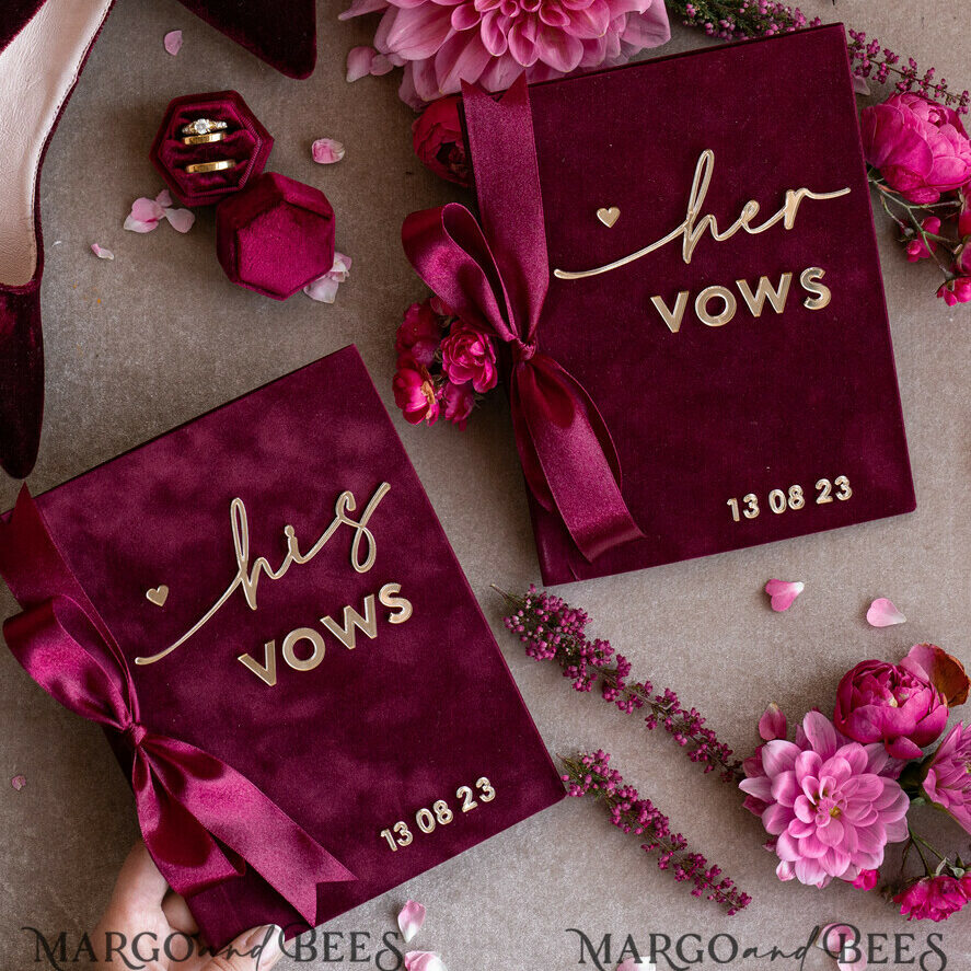 Maroon Bride and groom vow books, Burgundy wedding vow books set of two, Velvet Marsala personalized vow booklets, Golden Mirror his and her vow books, Acrylic Velvet Gold custom wedding vow cases, bridal shower gift