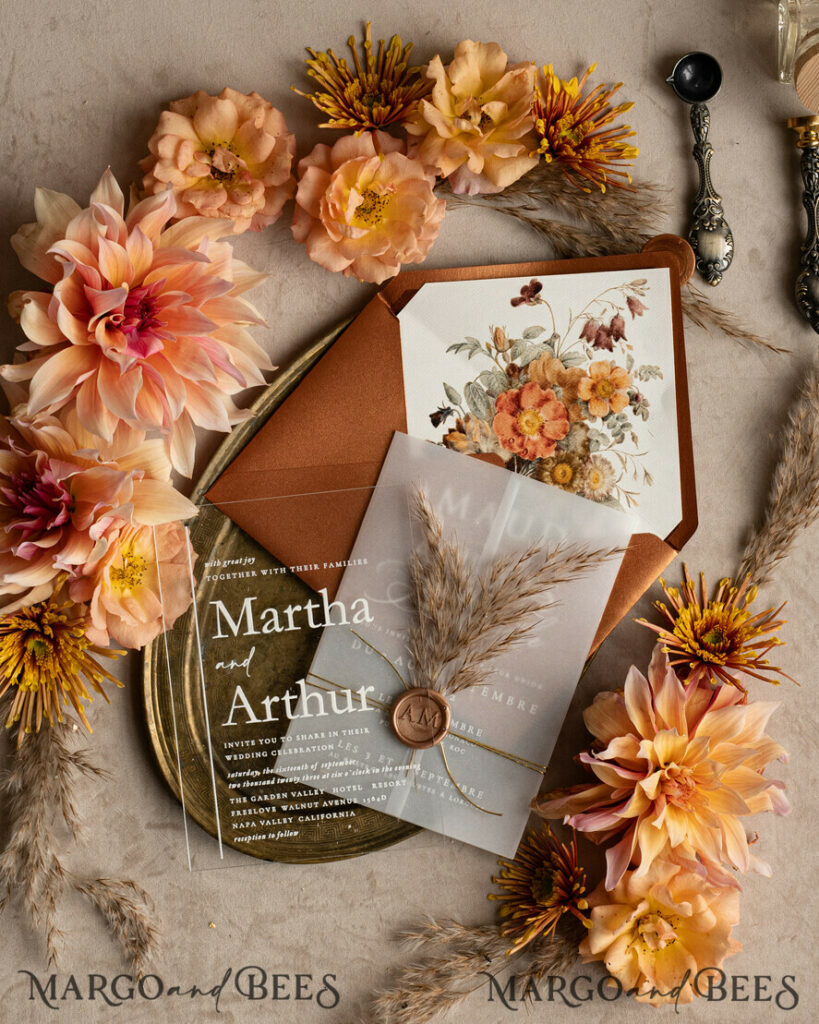 Fall Terracotta Acrylic Wedding Invitation set, Real Pampas Grass Floral Wedding Invitations, Copper French Provence Invitation suite, Rust Pampas Grass Boho wedding invitation suite, Modern Fine Art Burnt Orange Wedding Invitation Suite