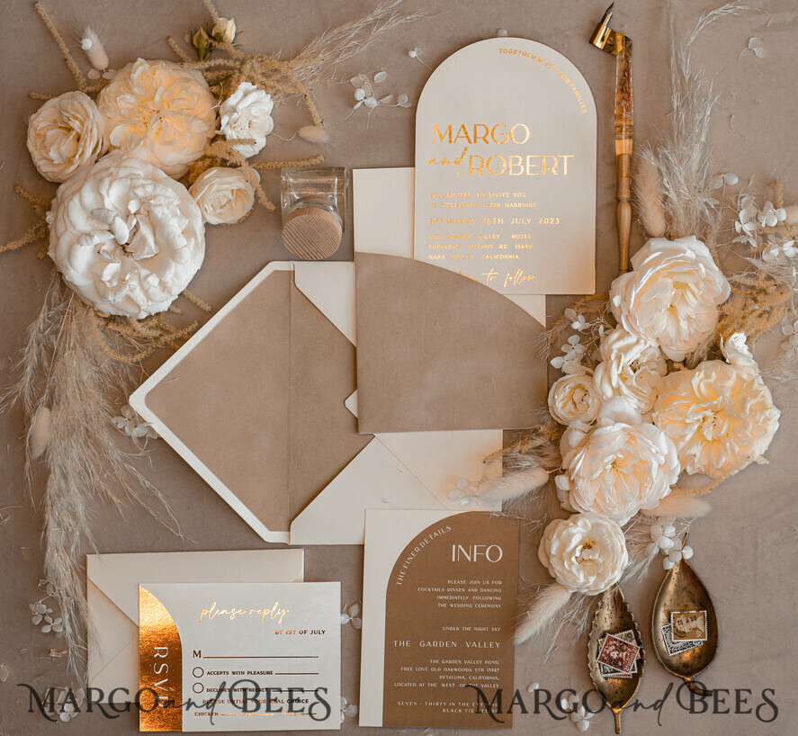 bespoke wedding invitations UK Custom Wedding invitations velvet beige pocket, Elegant Arch Wedding Invitations, Gold Wedding Invitation Suite, Luxury wedding Cards