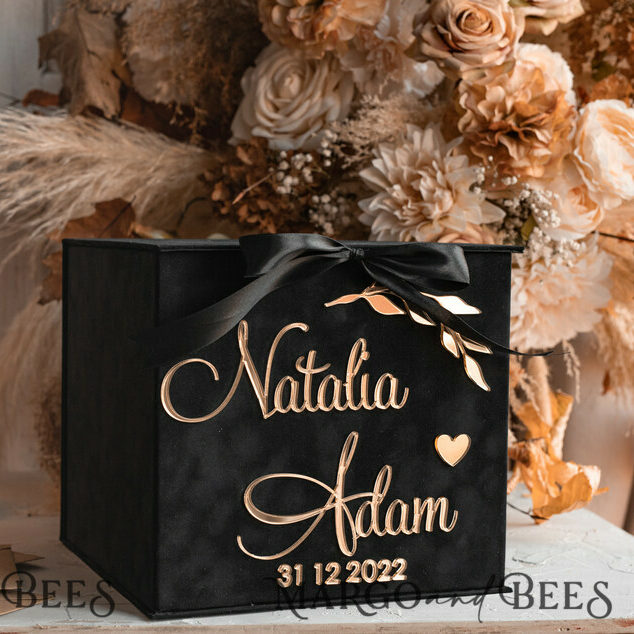 Black Gold Gift Card Box, Velvet new Years wedding wishing well money gift card box, Halloween Personalized Wedding Card Box, Black Gold Luxury Card Box, Elegant Wedding Card Box with Lid