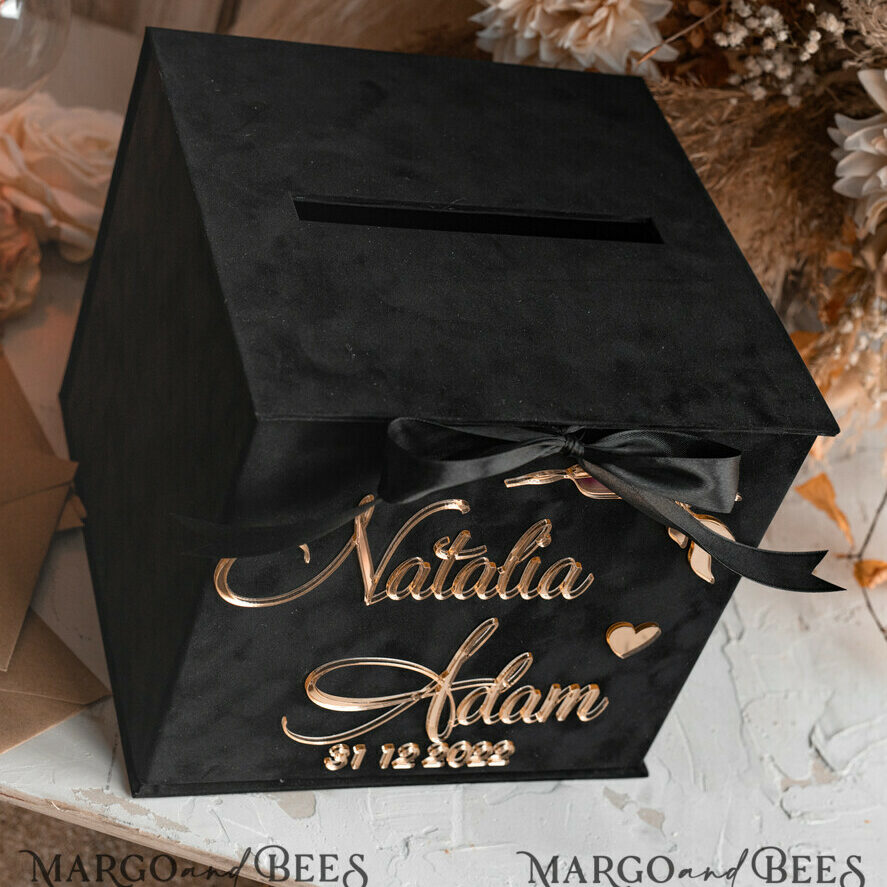 Black Gold Gift Card Box, Velvet new Years wedding wishing well money gift card box, Halloween Personalized Wedding Card Box, Black Gold Luxury Card Box, Elegant Wedding Card Box with Lid