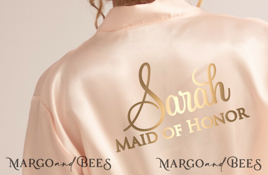 Light Pink Gold Satin Fancy Wedding Robe, Maid of Honor Bridesmaid soft bridal robe