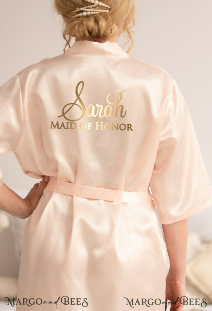 Light Pink Gold Satin Fancy Wedding Robe, Maid of Honor Bridesmaid soft bridal robe