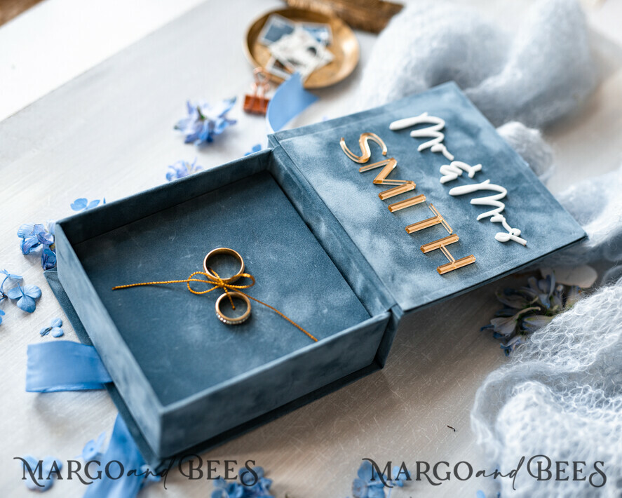 Dusty Blue Golden velvet Wedding Ring Box for ceremony, Ring Box for Wedding Ceremony 3 rings velvet, Boho Glam Wedding Ring Boxes his hers, Luxury Velvet Ring box double Custom Colors