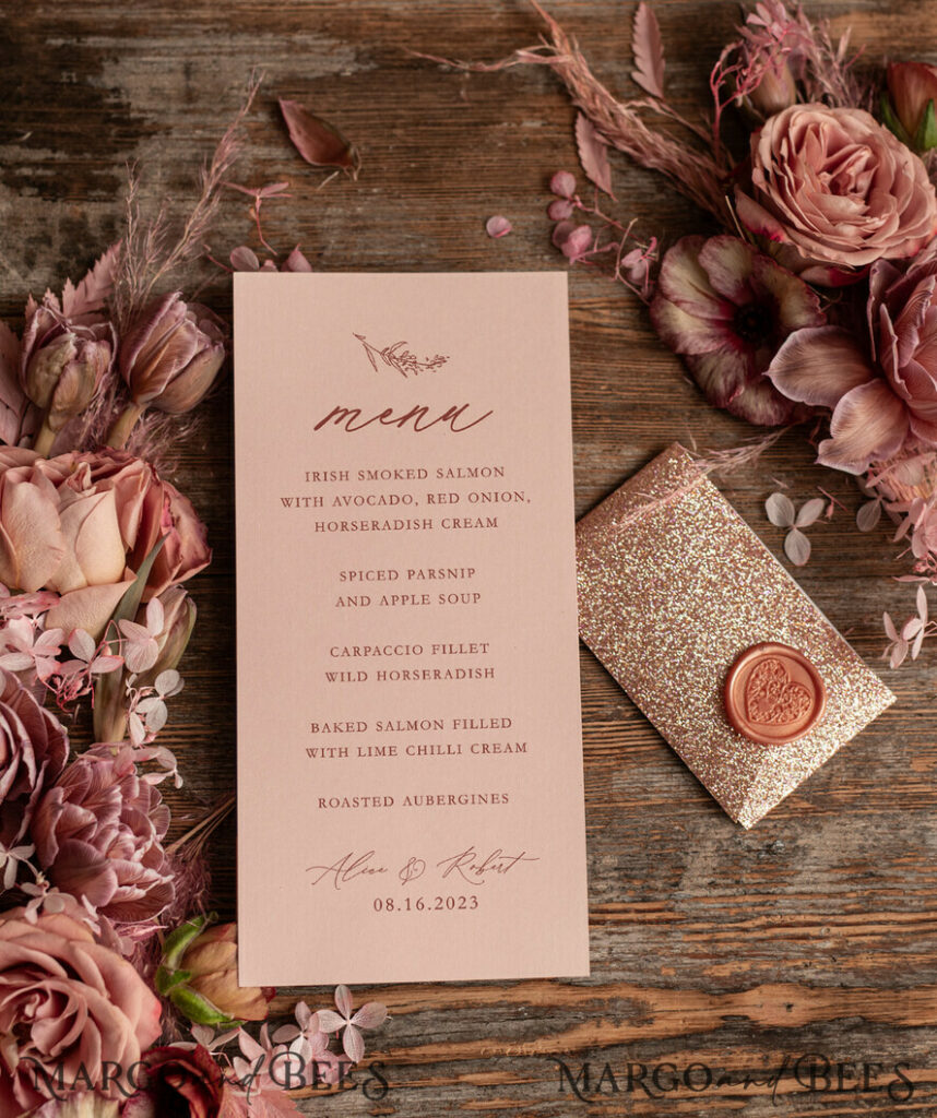 Romantic Blush Pink Wedding Menu, Glamour Minimalist Dinner menu with Glitter belly band and wax seal, Elegant Simple Party Table Menu, Modern Wedding Menu Card