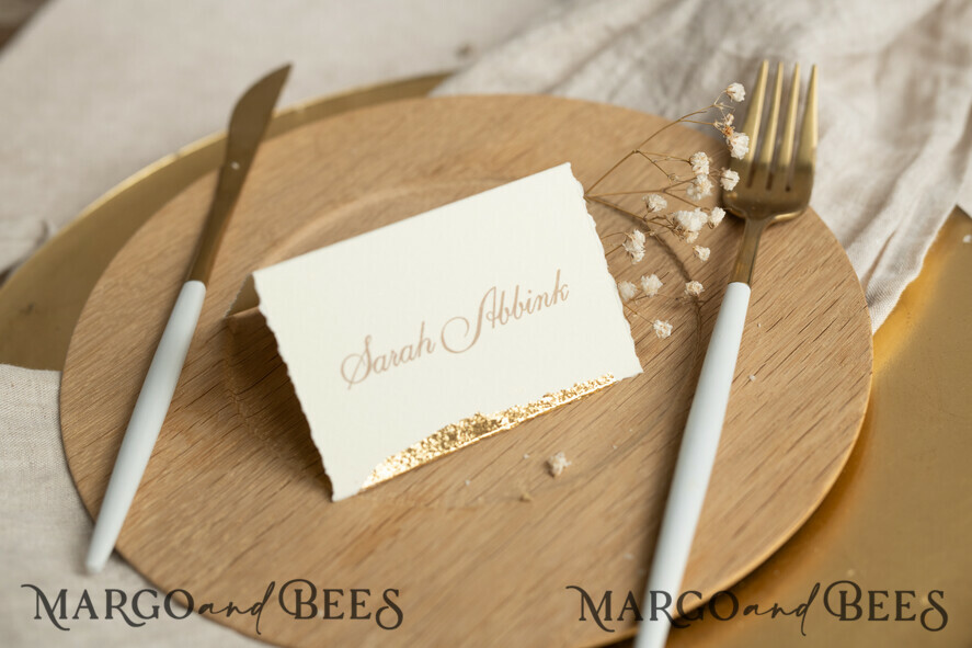 Romantic Gold Foil Wedding Place Cards, Ivory Wedding Escort Card with deckled edges, Elegant place cards, Personalized wedding decoration