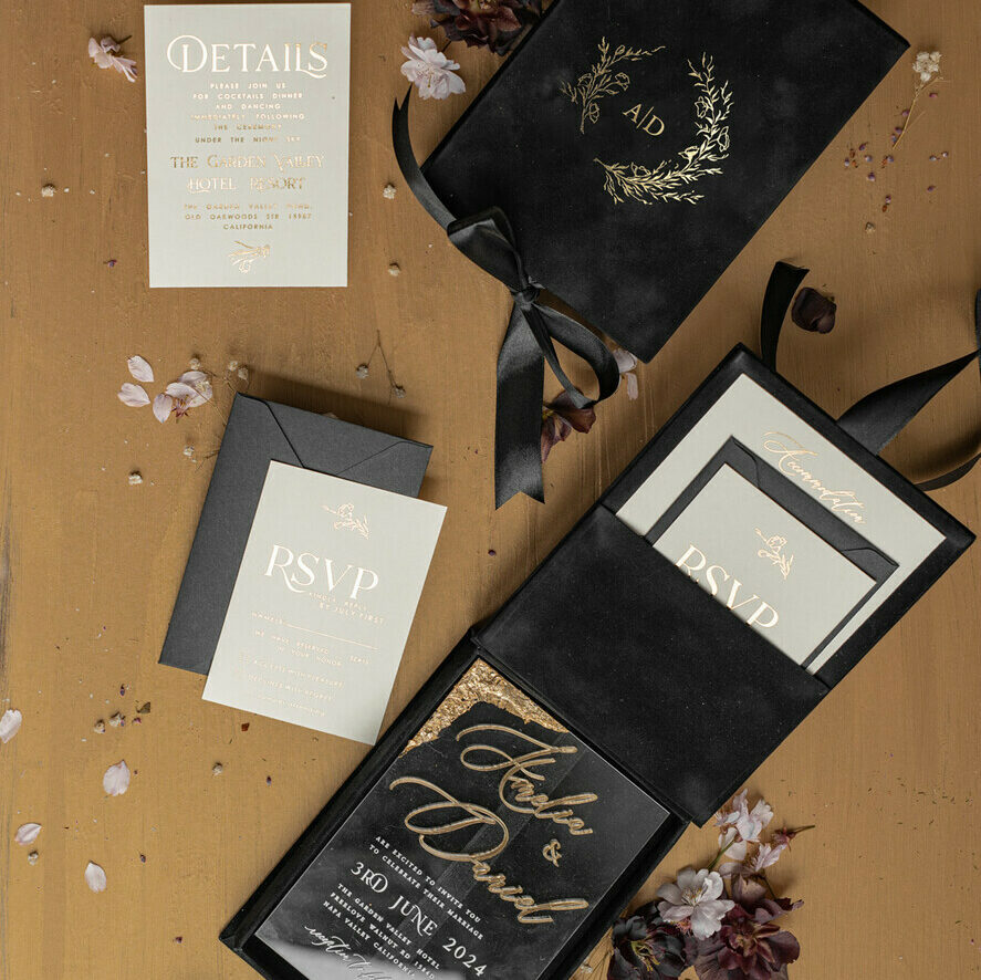 Black Boxed Wedding Invitation set ,3D Golden Plexi Wedding Invitation Suite Luxury Box, Elegant Boho Velvet Wedding Cards, Bespoke Golden Invites