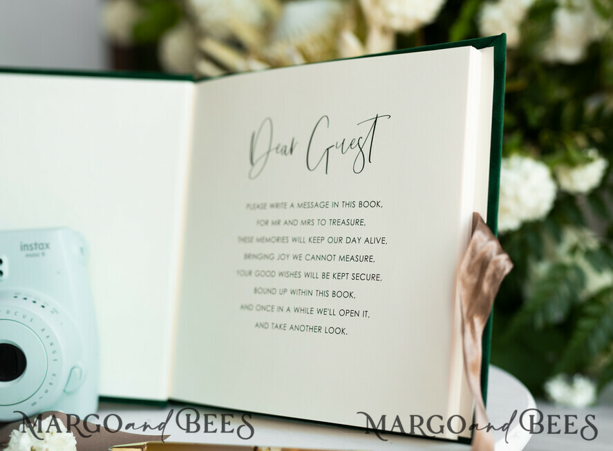 Emerald Green Velvet Gold Acrylic Wedding Guest Book Personalised, Velvet Instant Photo Book Boho Elegant Instax Wedding Photo Guestbook