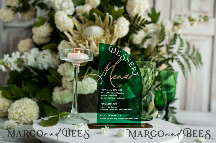 Green Acrylic Half Arch Dessert menu, Green Acrylic gold Candy Bar Sign, Greenery & Gold Plexi Table Arch Menu, Luxury emerald gree Wedding Table Decor, Wedding