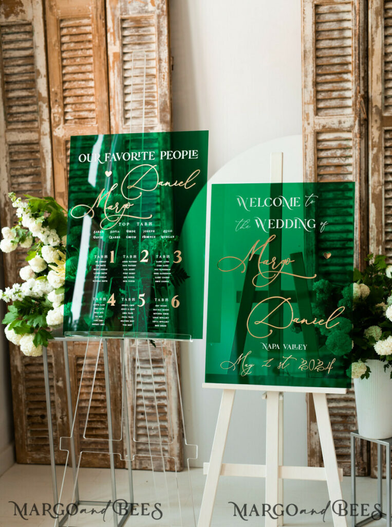 Luxury Green and Gold Wedding Welcome Sign, Emerald Green Acryl Wedding Decor, Personalised Wedding Sign, Wedding Board, Welcome Wedding Board