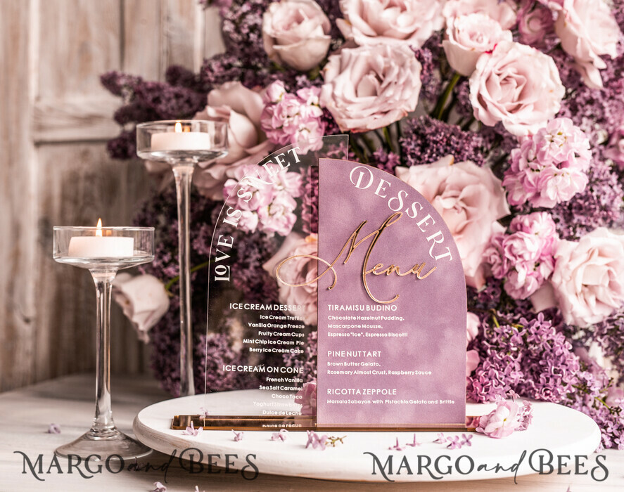 Mauve Velvet and Clear Acryl Dessert Menu, Acrylic Half Arch Table Sign and Acrylic Velvet combo, Mauve Velvet Sign, Luxury Wedding Table Sign, MvS