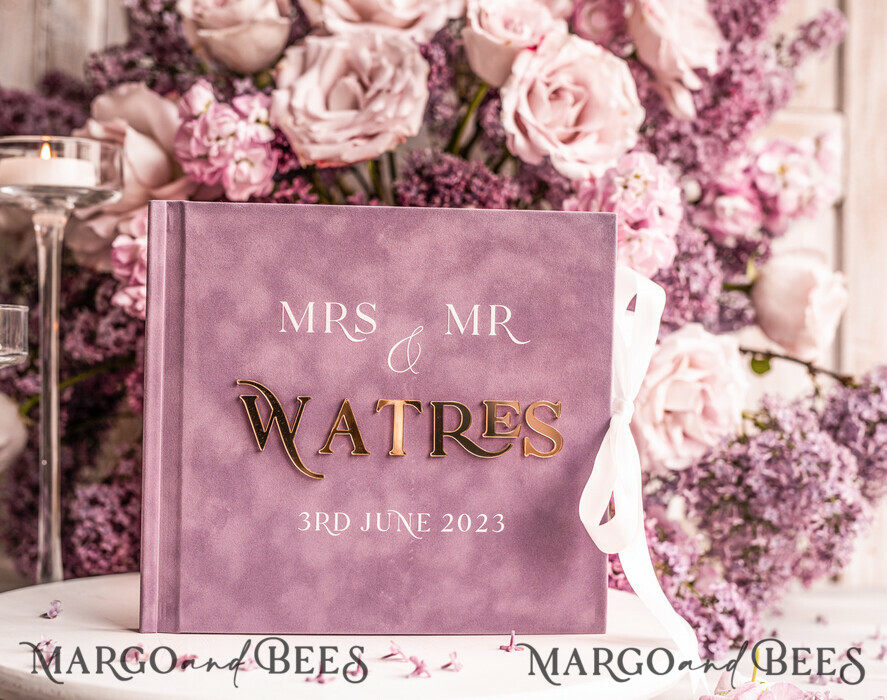 Mauve Gold Acrylic Wedding Guest Book Personalised, Velvet Dusty Rose Instant Photo Book Boho Elegant Instax Wedding Photo Guestbook