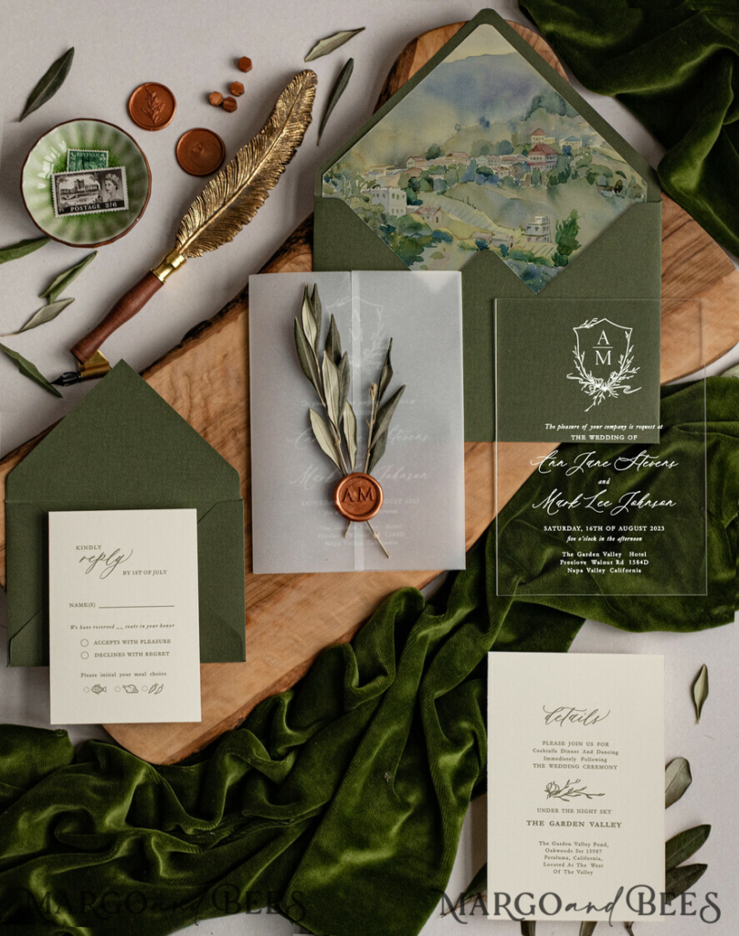 Elegant Tuscany Acrylic Wedding invitations with Rsvp, Fine Art Plexi Glass real olive branch Wedding Invitation suite, Vellum Wax Seal Olives Invites, Greece Wedding Cards