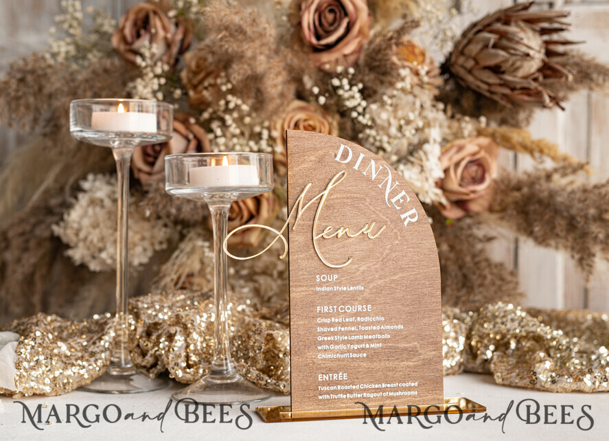 Rustic Wooden half Arch Dinner menu, Wood & Acrylic gold Table Sign, Gold Barn Plexi Wedding Menu Combo Rustic Boho Wedding Table Decor, Wedding Signage Golden mirror table Menus