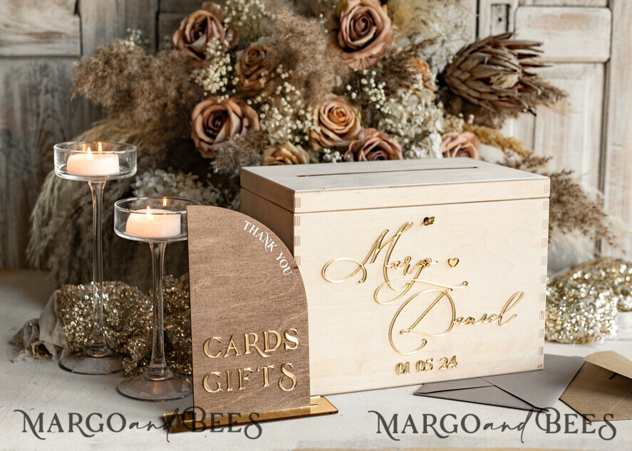 rustic wood Set Card Box & Sign, Wedding Card Box with lock cards gifts sign with stand, wooden Wedding Money Box Sing Guestbook Set, Card Box with slot and lock cards and gift Arch acrylic sign set