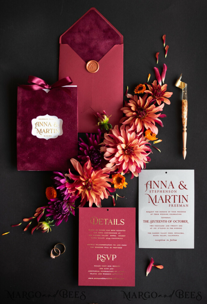 Romantic Red Velvet Wedding Invitations, Luxury Gold Foil Wedding Cards, Bespoke Burgundy Pocket Wedding Invites, Glamour Arabic Wedding Invitation Suite