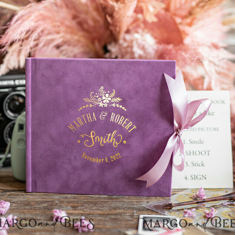 Boho Lillac Instax velvet Wedding GuestBook Gold, Large Instant Wedding Guest Book, Polaroid velvet Guestbook Violet Golden wedding