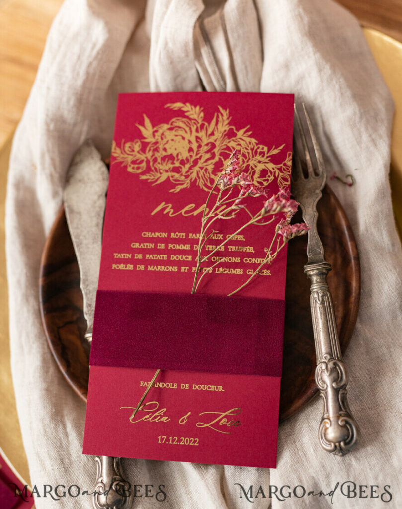 Elegant Burgundy And Gold Wedding Menu, Glamour Gold Foil Dinner Menu With Velvet Belly Band, Unique Luxury Marsala Menu, Modern Wedding Menu Cards With Florals