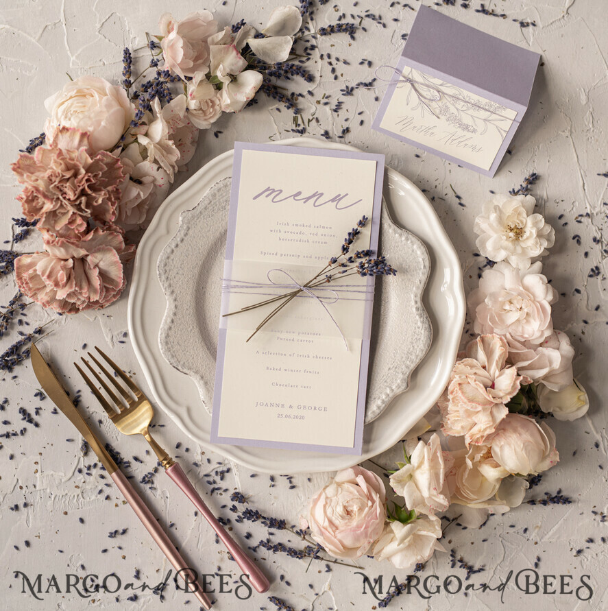 Delicate Handmade Lilac Wedding Menu, Elegant Wedding Menus With Lavender, Minimalistic Purple Wedding Menu Cards With Vellum, Modern Dinner Card for Wedding