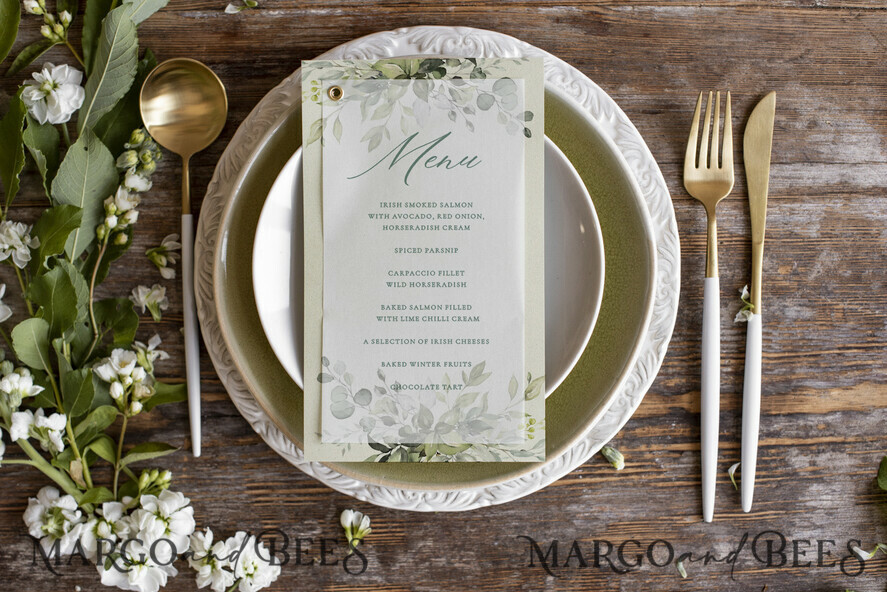 Olive Branch Greenery Table Wedding Menu, Rustic Italian Menu With Vellum, Simple Whimsical Menu, Tuscany Watercolor Olive Branch Menu, Mediterranean Menu cards