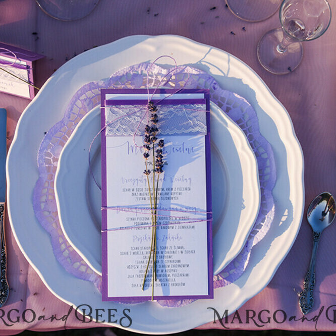 Purple Wedding Menu with Lace, Elegant Wedding Dinner Menu, Romantic Personalized Cards with Twine, Simple Rustic Lace Wedding Menu, Boho Minimalist Wedding Menu