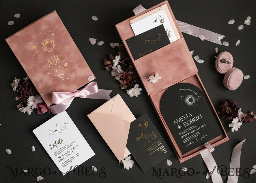 Arch Acrylic Wedding Invitations in velvet box, Black Plexi Glamour Wedding Invitation Suite Luxury Box, Moon Stars Elegant Velvet Wedding Cards
