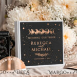 Personalised Wedding Guest Book Set: Black Gold Instant Photo Album with Arch Mirror Sign – Boho Halloween Instax Wedding Photo Guestbook