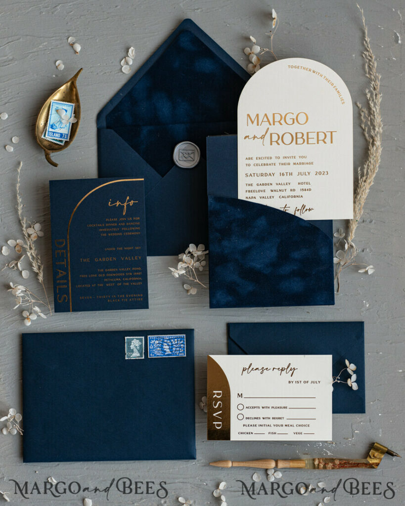 Elegant Arch Wedding Invitations Navy Blue, Velvet Pocket Dark blue Gold Modern Wedding, Wedding Invitation Suite, Arch Velvet Pocket Invitation set