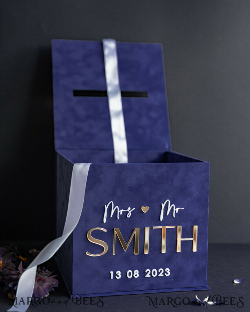 Gift Card Box & Cards, Velvet Navy Blue wedding wishing well money gift card box, Personalized Wedding Card Box, Luxury Card Box, Wedding Card Box with Lid, Wedding Money Box, Wedding Card Box
