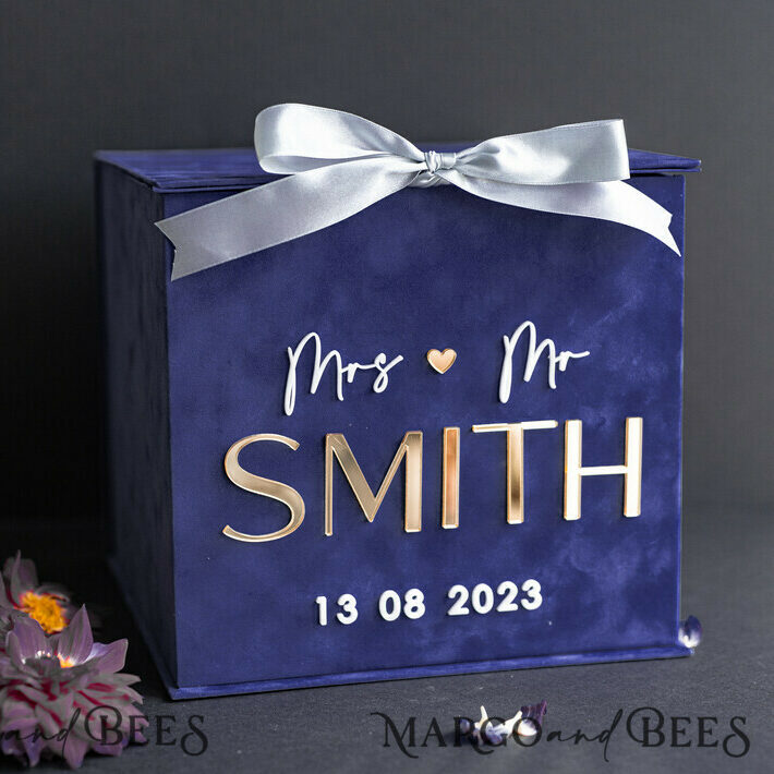 Gift Card Box & Cards, Velvet Navy Blue wedding wishing well money gift card box, Personalized Wedding Card Box, Luxury Card Box, Wedding Card Box with Lid, Wedding Money Box, Wedding Card Box