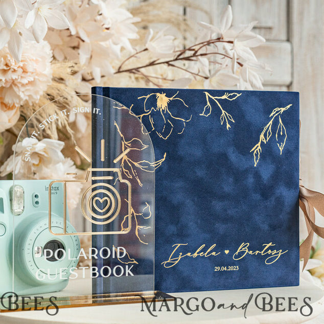 Navy blue Instax velvet Wedding GuestBook and plexi sign set, Dark Blue Large Instant Wedding Guest Book, Maroon Polaroid velvet Guestbook Marsala Golden wedding