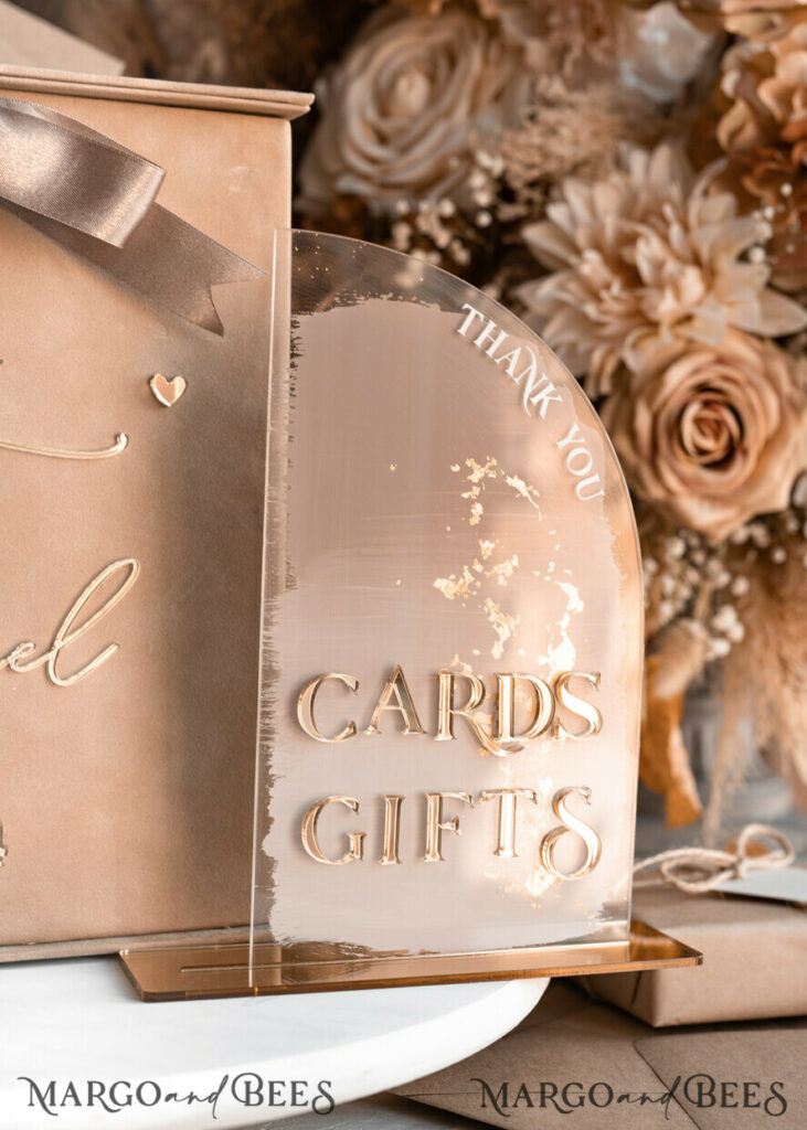 Velvet Taupe Card Box & Plexi sign set, Wedding Card Box with Lid, Beige Gold Wedding Money Box, Nude Wedding Card Box with slot, cards and gift Arch acrylic sign set