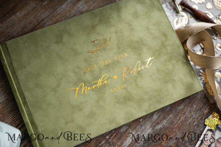 Luxury Olive Blue Instax velvet Wedding GuestBook Gold, Large Instant Wedding Guest Book, Tuscany Polaroid velvet Guestbook