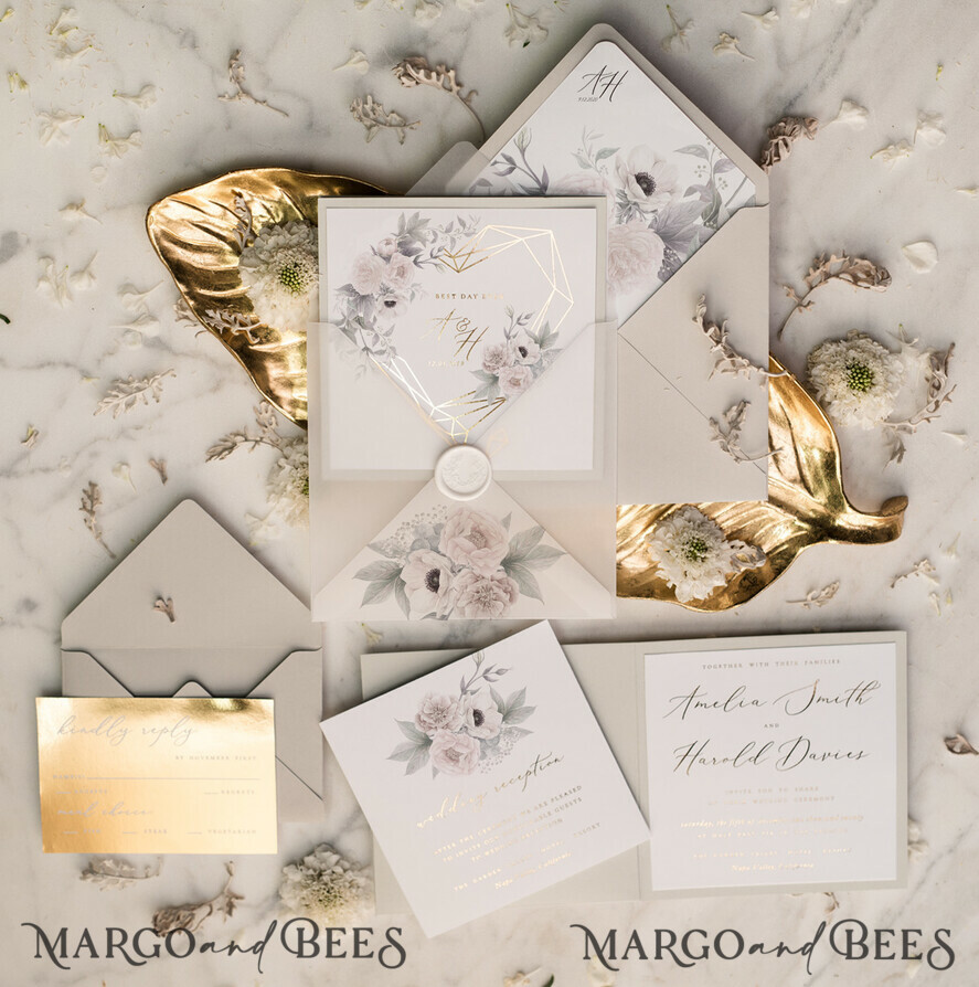 Luxury Golden Shine Wedding Invitations, Glamour Gold Foil Wedding Cards, Elegant Grey Pocketfold Wedding Invites, Bespoke Floral Wedding Stationery