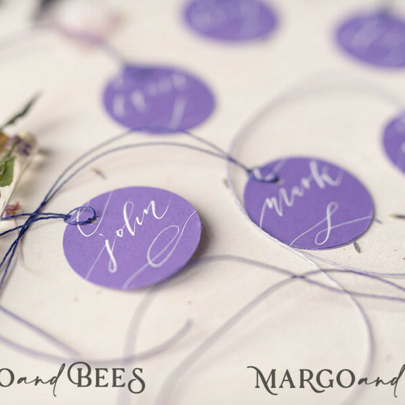 Romantic Round Purple Wedding Name Tags, Luxury Purple Place Cards, Elegant Purple Wedding Name Tags For Your Wedding Tables, Minimalistic Wedding Place Cards