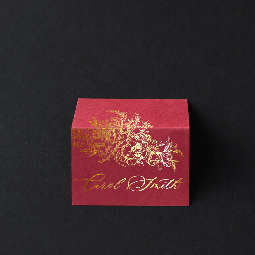 Elegant Gold Burgundy Wedding Place Cards, Gold Foil Luxurious Marsala Seating Cards, Modern Wedding Name Tags For Your Wedding Tables, Peony Glamour Place Card
