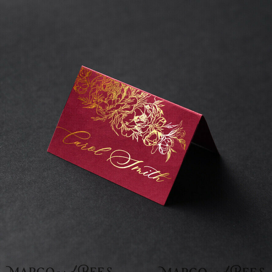 Elegant Gold Burgundy Wedding Place Cards, Gold Foil Luxurious Marsala Seating Cards, Modern Wedding Name Tags For Your Wedding Tables, Peony Glamour Place Card
