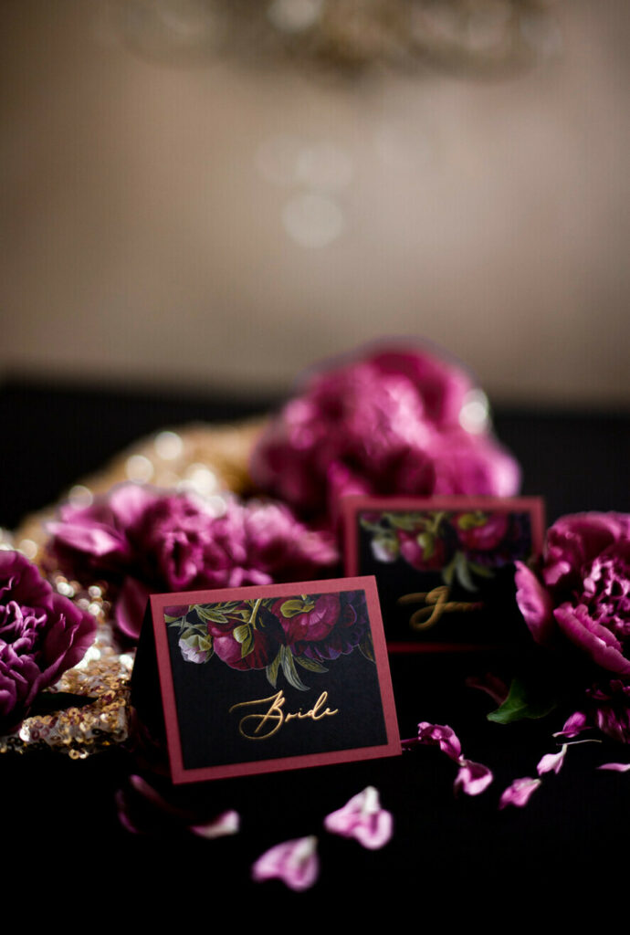 Unique Black Wedding Place Cards, Maroon Card with Gold Lettering, Elegant Dark Floral Wedding Name Tags with Peony Graphic, Custom Gold Wording Escort Cards