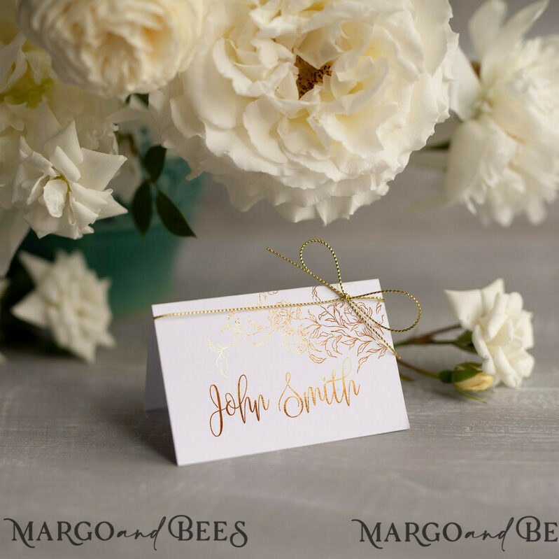 Elegant Gold Foil Wedding Place Cards, White Wedding Escort Card with Gold Twine ,Romantic Place Cards, Table Name Cards, Modern Wedding Decoration